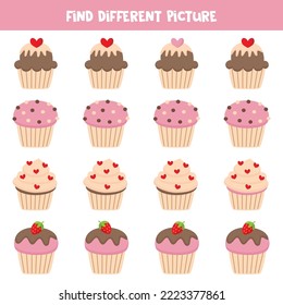 Find cupcake which is different from others. Worksheet for kids.