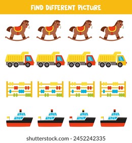 Find cute cartoon toy which is different from others. Worksheet for kids.