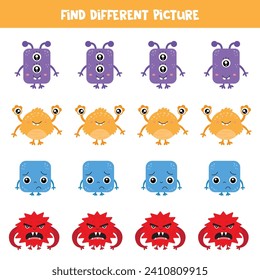 Find cute colorful monster which is different from others. Worksheet for kids.