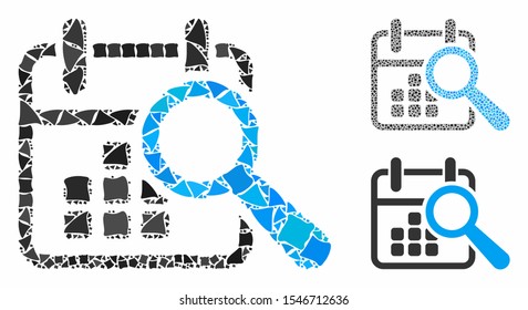 Find date composition of abrupt items in various sizes and color tints, based on find date icon. Vector raggy items are organized into collage. Find date icons collage with dotted pattern.