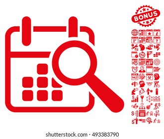 Find Date icon with bonus calendar and time management pictograph collection. Vector illustration style is flat iconic symbols, red color, white background.
