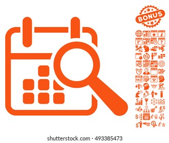 Find Date pictograph with bonus calendar and time management graphic icons. Vector illustration style is flat iconic symbols, orange color, white background.