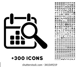 Find Date vector pictogram with additional 300 date and time management icons. Style is flat symbols, black color, rounded angles, white background.