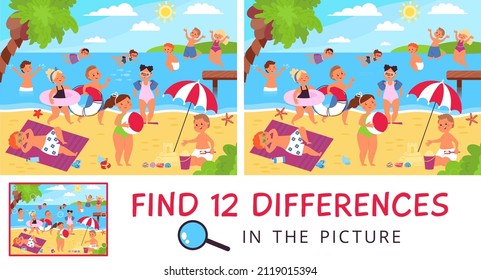 Find Difference. 12 Differences In Picture With Happy Kids On Beach. Paper Game Location For Attention Training, Summer Children Puzzle, Decent Vector Scene