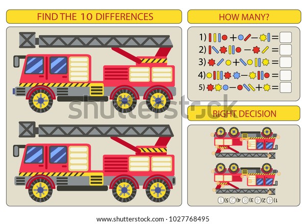 Find the\
difference betwin two fire trucks. Children funny riddle\
entertainment. Sheet different toys construction equipment.\
Mathematical exercise. Vector\
illustration.
