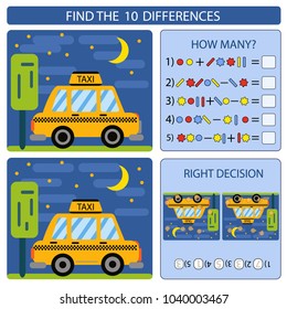 Find the difference betwin two taxi cars. Children funny riddle entertainment. Sheet different toys construction equipment. Game tasks for attention. Mathematical exercise. Vector illustration.