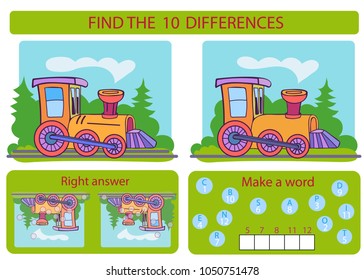 Find the difference betwin the two Trains. Children funny riddle entertainment. Activity page with tasks for attention. Game with make a word. Vector illustration.
