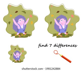 find the difference, cartoon hedgehog, autumn. vector isolated on a white background