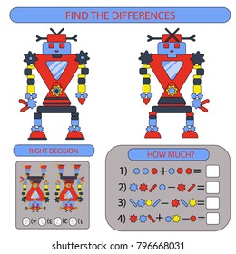 Find the difference. Children funny entertainment. Two different robots in flat style isolated on white background. Game tasks for attention. Kids Mathematical exercise. Vector illustration.