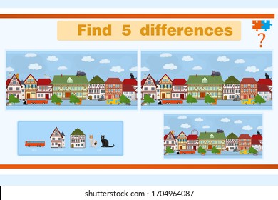 Find the difference in a children's game with houses and cats on the street