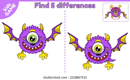 Encuentra el juego de la diferencia para los niños. Actividad educativa con el monstruo de la caricatura. Hoja de cálculo para imprimir. Ilustración vectorial.