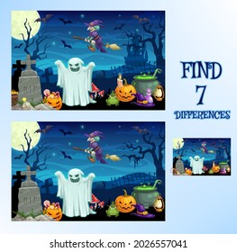 Find Difference, Halloween Cartoon Game Or Spot Puzzle, Vector. Kids School Or Preschool Find Difference Game Background With Halloween Pumpkin Monsters, Witch On Broom And Ghosts On Cemetery In Night