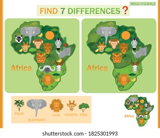 Find The Difference On The Map Of Africa. Child Game. Wild Animals.