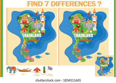 Find the difference on the map of Thailand. National symbols of Thailand and traditional temples. Children's game.