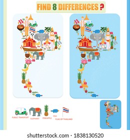 Encuentra la diferencia en el mapa de Tailandia. Símbolos de Tailandia y templos tradicionales. Juego infantil.