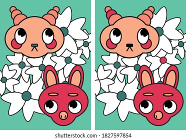 Buscar la página de diferencias con animales y flores (5 diferencias)