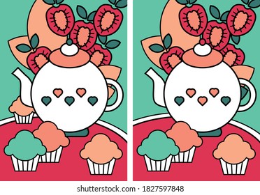 Find the difference page with teapot muffins and strawberries (5 differences)