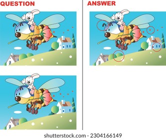 Find the difference quiz of a big bee flying over a hill carrying a rabbit