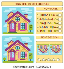 Find the difference the two colored house. Children funny riddle entertainment. Sheet different toys construction equipment. Mathematical exercise. Vector illustration.