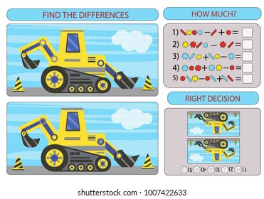 Find the difference the two excavation tractors. Children funny riddle entertainment. Sheet different toys construction equipment. Game tasks for attention. Mathematical exercise. Vector illustration.