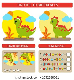 Find the difference the two funy little Dinosaur. Children riddle entertainment. Sheet different toys construction equipment. Game tasks for attention. Mathematical exercise. Vector illustration.