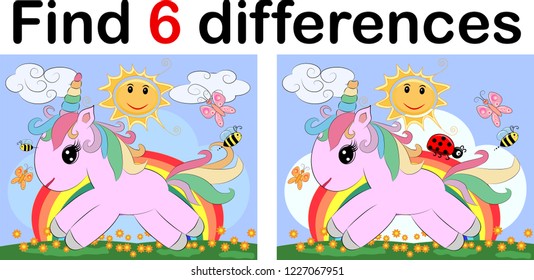 Find the difference the two funy little Unicorn. Children riddle entertainment. Sheet different toys construction equipment. Game tasks for attention. Mathematical exercise.