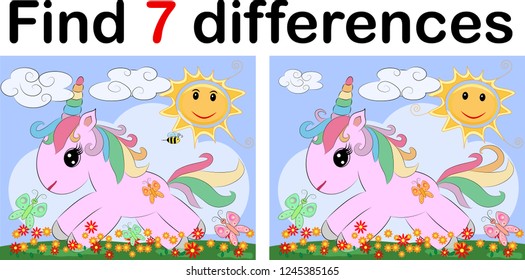 Find the difference the two funy little Unicorn. Children riddle entertainment. Sheet different toys construction equipment. Game tasks for attention. Mathematical exercise.