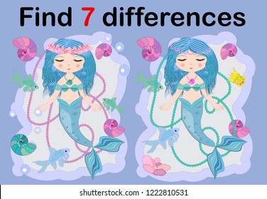 Find the difference the two illustration with sea mermaid. Children funny riddle entertainment.