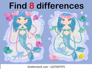 Find the difference the two illustration with sea mermaid. Children funny riddle entertainment.