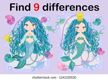 Find the difference the two illustration with sea mermaid. Children funny riddle entertainment.