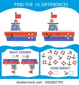 Find the difference the two sea boat. Children funny riddle entertainment and amusement. Two different ship in flat style. Game kids Mathematical exercise. Vector illustration.