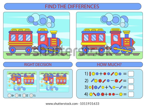 Find the difference the two Train. Children
funny riddle entertainment. Sheet different toys construction
equipment. Game tasks for attention. Mathematical exercise. Vector
illustration.