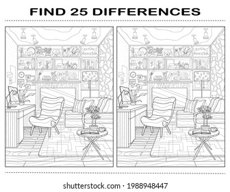 Find differences. Find 25 Differences for Adults. Room interior, home office. Vector black white image.