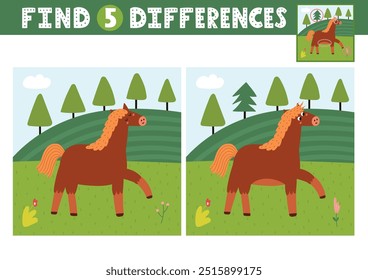 Find differences activity page for kids with a cute horse. Puzzle game with a farm character for developing attention and concentration skills. Vector illustration