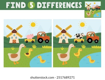 Find differences activity page for kids with cute mother goose and goslings. Puzzle game with a farm character for developing attention and concentration skills. Vector illustration