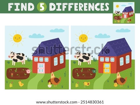 Find differences activity page for kids with cute farm animals. Puzzle game for developing attention for school and preschool. Vector illustration