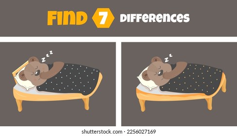 Find the differences between 2 bears sleeping on the bed. Animal. Vector stock illustration. isolated. White background. Children's riddle and puzzle.