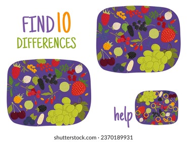 Find differences between forest and garden ripe berries. Kids vector game worksheet with mulberry, strawberry and cloudberry, grapes, blackberry, black currant or sea buckthorn, cherry and raspberry