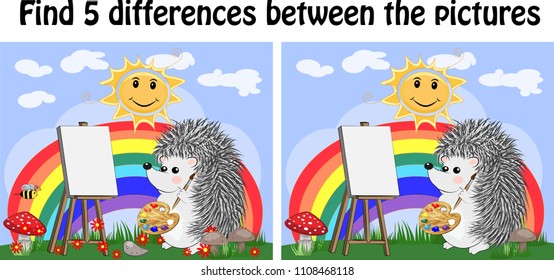 Find the differences between the pictures. Children's educational game. A hedgehog artist on a clearing with a rainbow draws on an easel