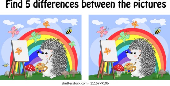 Find the differences between the pictures. Children's educational game. A hedgehog artist on a clearing with a rainbow draws on an easel