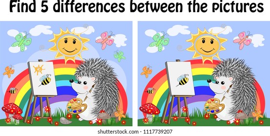 Find the differences between the pictures. Children's educational game. A hedgehog artist on a clearing with a rainbow draws on an easel