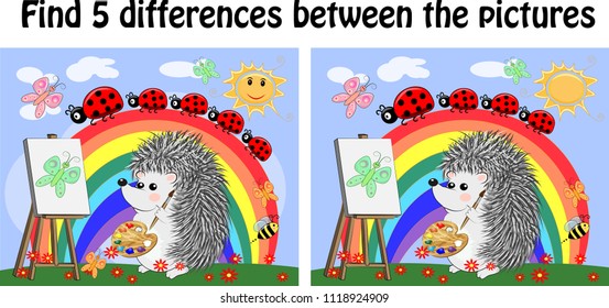 Find the differences between the pictures. Children's educational game. A hedgehog artist on a clearing with a rainbow draws on an easel