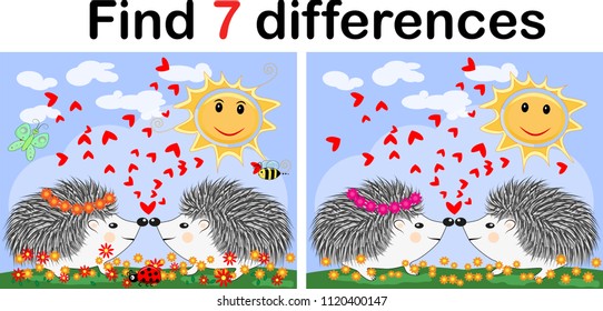 Find the differences between the pictures. Children's educational game. A hedgehog artist on a clearing with a rainbow draws on an easel