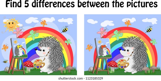 Find the differences between the pictures. Children's educational game. A hedgehog artist on a clearing with a rainbow draws on an easel