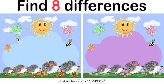 Find the differences between the pictures. Children's educational game. A hedgehog artist on a clearing with a rainbow draws on an easel