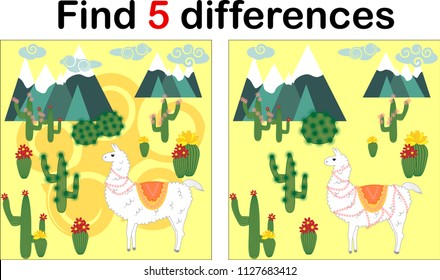 Find the differences between the pictures. Children's educational game. Sweet llama, alpaca among cacti and mountains