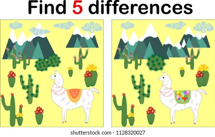 Find the differences between the pictures. Children's educational game. Sweet llama, alpaca among cacti and mountains