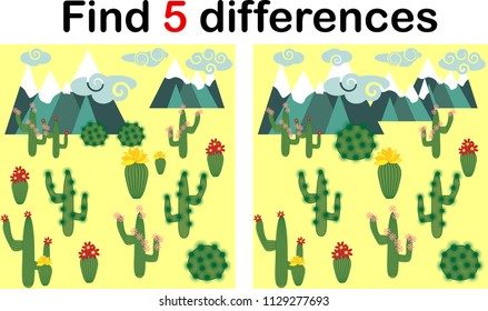 Find the differences between the pictures. Children's educational game. Sweet llama, alpaca among cacti and mountains