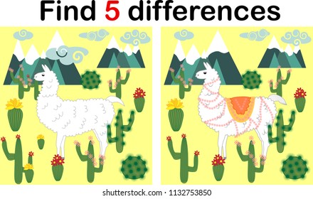 Find the differences between the pictures. Children's educational game. Sweet llama, alpaca among cacti and mountains