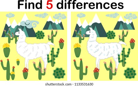 Find the differences between the pictures. Children's educational game. Sweet llama, alpaca among cacti and mountains